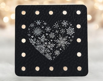 Snowflake Heart PATCHES Faux Leather Patch!  Knit Hat Patch!  Crochet Beanie Patch!  Cup Cozy Patch! Holidays! Winter!