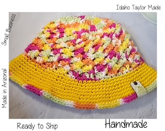 Handmade Crochet Bright Yellow Bucket Hat, Variegated Pink Mint Orange Sun Hat, Good Vibes Retro Beach Hat, Colorful Summer Cotton Knit Hat