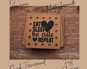 Eat Sleep be Cute Repeat Faux Leather Patch:  Baby Theme Sew-On Patches (3 Sizes) Crochet or Knit Baby Beanie Patch.
