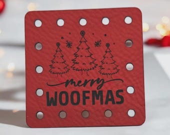 Merry Woofmas PATCHES Faux Leather Patch!  Knit Hat Patch!  Crochet Beanie Patch!  Cup Cozy Patch!  Christmas! Holidays! Puppy! Dog!