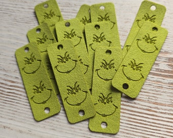 10 Vegan-Friendly Faux Leather or Ultrasuede Grinch Face Tags! Crochet Beanie Tags! Cup Cozy Tags! Christmas! Holiday! Fun!