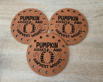 Pumpkin Kisses & Harvest Wishes Vegan Leather Patches!  Crochet Patch! Knit Hat Patch! Fall Harvest Autumn Coffee Cup Cozy Patches!