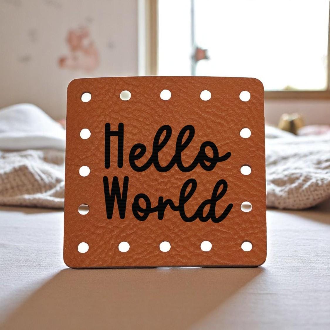 Hello World Patch - Boho Baby Tag - Newborn Beanie Label - Vegan Leather or Suede! Blanket Patches! Crochet Beanie Patch! Knit! Crafts! - Thumbnail 4