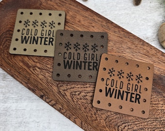 Cold Girl Winter PATCHES Faux Leather Patch!  Knit Hat Patch!  Crochet Beanie Patch!  Cup Cozy Patch! Winter!