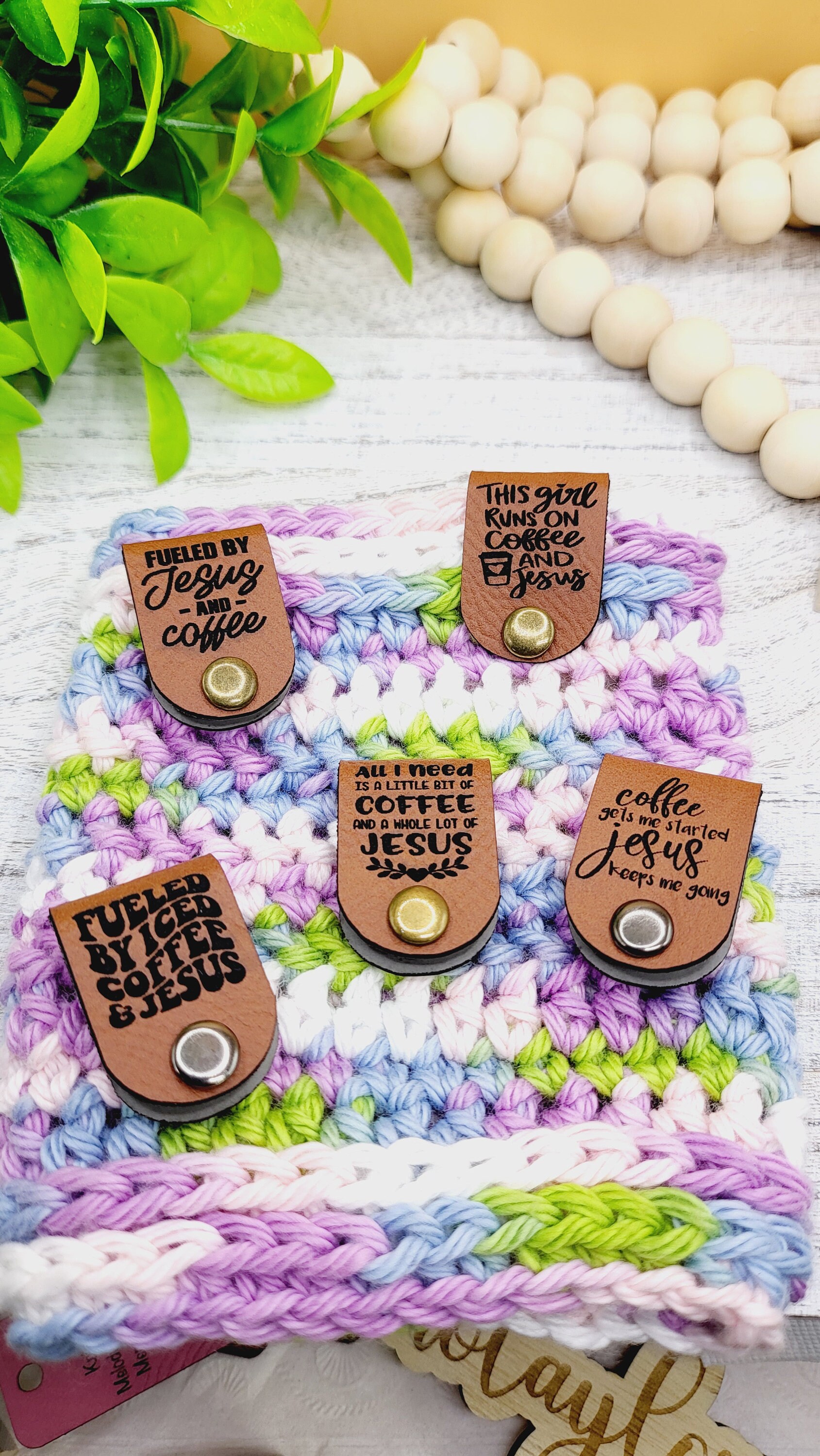 10 Jesus & Coffee Faux Leather Tags: Crochet Knit Label with Rivets - Thumbnail 3