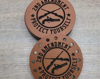 2nd Amendment Protect Yourself  Faux Leather Patches Crochet Beanies ~ Cozies ~ Ear warmers ~ Market Bags ~ Knit Hats Book Covers!
