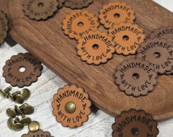 15 Handmade With Love Scalloped Edge Round Faux Leather Tags! Hearts! Rivets Included! 3 Colors!  Knitting ~ Crochet ~ Hats ~ Blankets ~