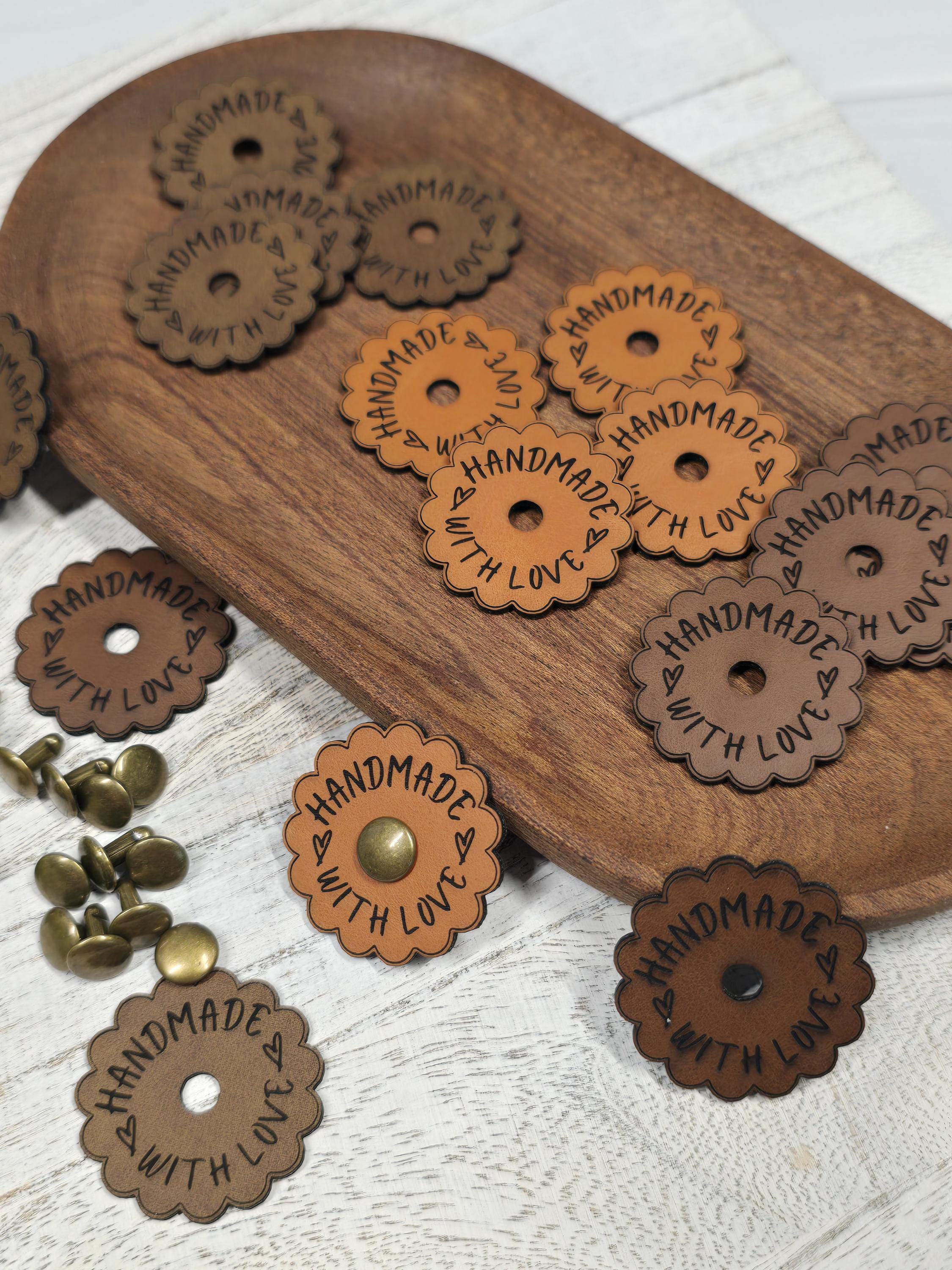 15 Faux Leather Scalloped Tags: Handmade With Love, Rivets Included
