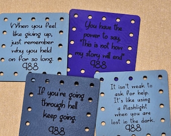 Set of 4 Suicide Prevention & Mental Health Awareness Faux Leather Patches. Crochet Knit Beanie Patch! 4 Motivational Sayings! 2.00"