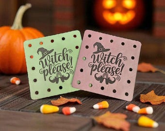 Set of 4 Witch Please Faux Leather Patches Crochet Beanies ~ Cozies ~ Ear warmers ~ Baskets ~ Market Bags ~ Knit Hats ~ Book Covers! Feet
