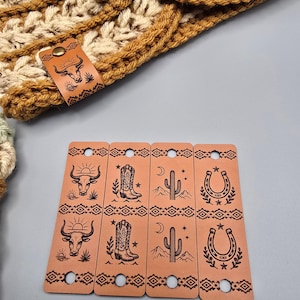 Western Faux Leather Fold-Over Tags, Set of 20, Cowboy Crochet Labels with Rivets