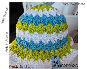 Handmade Crochet Bucket Hat, Turquoise Lime Green Sun Hat, Tropical Hibiscus Beach Hat, Summer Vacation Cotton Knit Hat, Ready to Ship