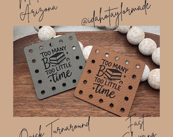 Too Many Books Too Little Time Faux Leather Patch:  Book Reading Theme Sew-On Patches (3 Sizes)