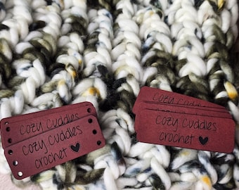 Custom .75" x 2.50" Flat Lay Faux Leather Tag | Crochet or Knit Tag |  PERSONALIZE! Logo Labels | Baskets| Blanket | Dog Bandana | Sew On