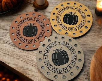 Thankful Blessed and Kind of a Mess Pumpkin Patches! Crochet Patch! Knit Hat Patch! Harvest! Autumn! Coffee Cup Cozy! Market Bag Patch!