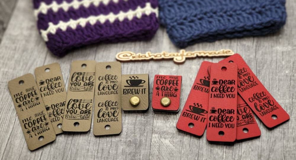 10 Coffee Cup Cozy Tags: Faux Leather Crochet Labels with Rivets
