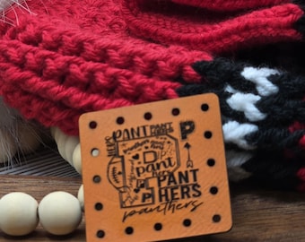 Panthers Faux Leather Patches Crochet Beanies ~ Cozies ~ Ear warmers ~ Baskets ~ Market Bags ~ Knit Hats Book Covers! Mascot! School Teams!