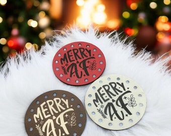 Merry A F!  PATCHES! Knit Hat Patch! Crochet Beanie Patch!  Cup Cozy! Jar Cozy! Holiday! Humor! Christmas! Knit Hat Patch! Coffee Cozy Patch