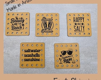 Beauty, Beach Dreams, Happy & Salty, Saltwater Seashells, Summer Babe Faux Leather Engraved Patches | Sew-On Labels for Crochet | Set of 5