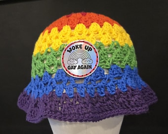 Handmade Crochet Rainbow Pride Bucket Hat with Holographic "Woke Up Gay Again" Patch