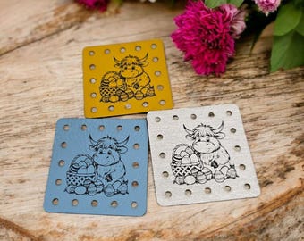 Highland Cow Easter Eggs & Basket Faux Leather Tags! Laser Engraved! Add a Touch of Spring! Ideal for crocheting or knitting! New Colors!
