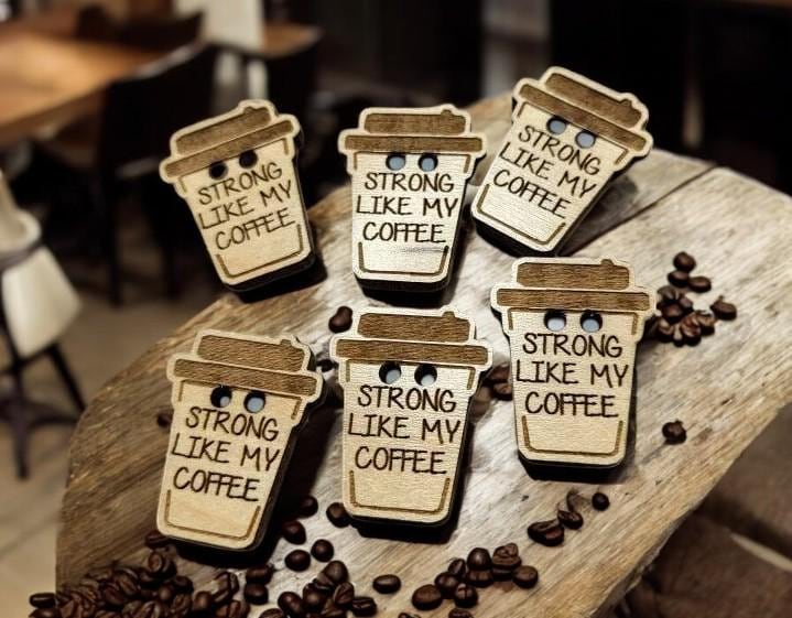 Strong Like My Coffee  Wooden Buttons - Knitting, Crochet! Adorable Travel Mug Design - Choose your pack - Crochet Cup Cozy Button! Cute! - Thumbnail 4