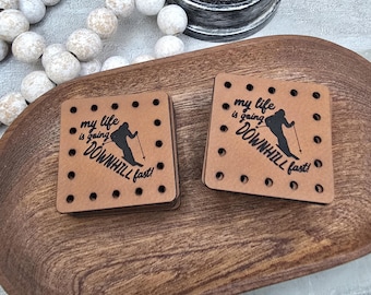 My Life is Going Downhill Fast Faux Leather Patch! Knit Hat Patch!  Crochet Beanie Patch! Winter! Snow! Sports! Ear Warmer Patch! Ski