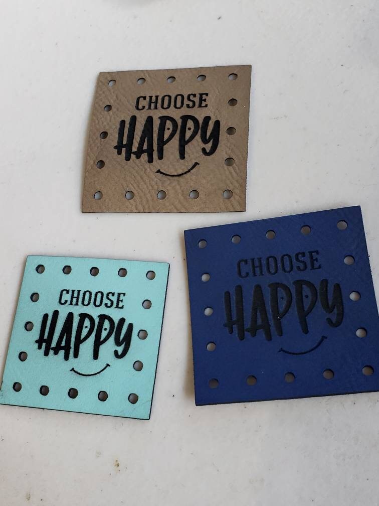 Choose Happy Vegan Leather Patch!  Blanket Patches! Knit Hat Patch!  Crochet Beanie Patch!  Cup Cozy Patches!  Vegan Patches! - Thumbnail 3