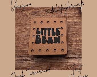 Little Bean Faux Leather Patch:  Baby Theme Sew-On Patches (3 Sizes) Crochet or Knit Baby Beanie Patch.
