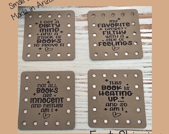 Spicy Book Faux Leather Engraved Patches | Set of 4 Sew-On Labels for Crochet & Knit | Funny Bookish Tags for Kindle or Book Sleeves