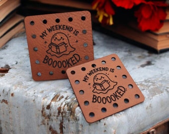 My Weekend is Booooked Ghost Faux Leather Patch!  Crochet! Knitting! Patches! Beanie Patch! Product tags! Book lover! Halloween! Cute! Read!