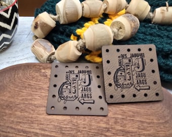 Jaguars Faux Leather Patches Crochet Beanies ~ Cozies ~ Ear warmers ~ Baskets ~ Market Bags ~ Knit Hats Book Covers! Mascot! School Teams!