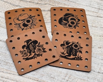Set of 4 Cowboy Hat & Boot Faux Leather Patches  Crochet Knit Beanies, Cozies, Ear Warmers, Market Bags ~ Country! Floral!