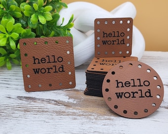 Hello world Faux Leather or Ultrasuede Patch! Crochet Beanie Patch! Knit Baby Hat Patches! Crochet cup cozy patches! BOHO! Singles!