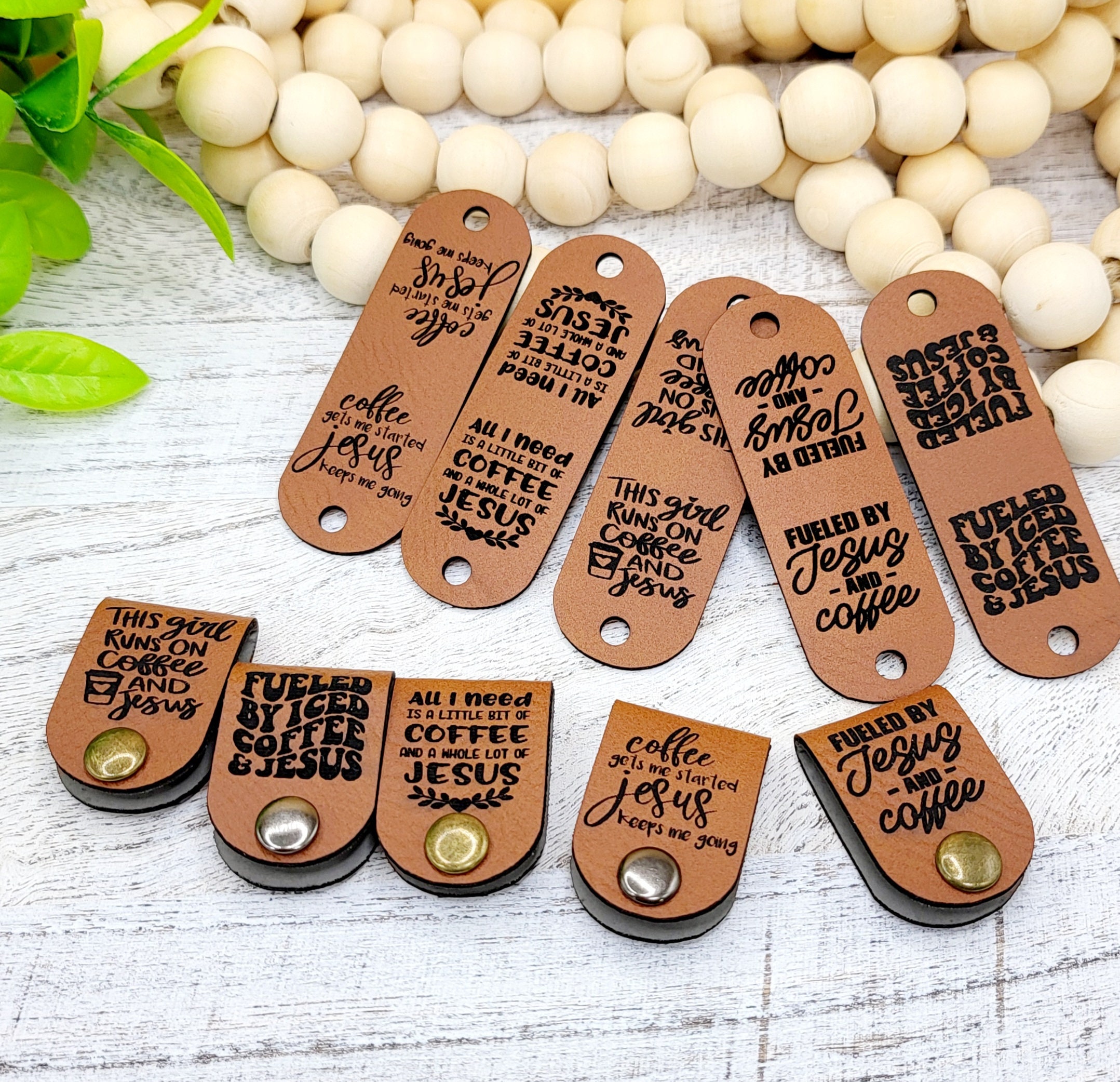 10 Jesus & Coffee Faux Leather Tags: Crochet Knit Label with Rivets - Thumbnail 6