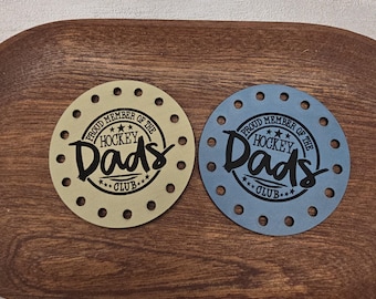 Proud Member Of The Hockey Dads Club Repeat Faux Leather Patches Crochet Beanies ~ Cozies ~ Ear warmers ~ Knit Hats ~ Sports ~ Hockey
