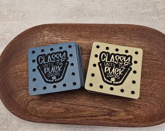 Classy Until The Puck Drops  Faux Leather Patches Crochet Beanies ~ Cozies ~ Ear warmers ~ Knit Hats ~ Sports ~ Hockey
