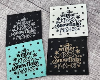 Winter kisses Snowflake Wishes PATCHES vegan Leather  Ultrasuede Patch!  Knit Hat Patch!  Crochet Beanie Patch!  Cup Cozy Patch!  Christmas!