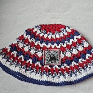 Handmade Crochet Red White & Blue Granny Stitch Bucket Hat with "Girls Will Be Girls" Patch. Ready to Ship! Summer Hat! Idaho Taylor Made