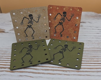 Set of 4 Halloween Skeletons Faux Leather Patches Crochet Beanies ~ Cozies ~ Ear warmers - Baskets ~ Ghosts ~ Market Bags ~ Knit Hats