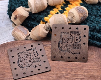 Bengals Faux Leather Patches Crochet Beanies ~ Cozies ~ Ear warmers ~ Baskets ~ Market Bags ~ Knit Hats Book Covers! Mascot! School Teams!