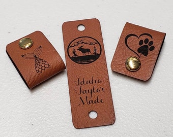 Faux Leather Tags .85" x 2.50" Fold Over Tags .80mm thick! Crochet beanie label! CUSTOM Tags! Sewing labels! PERSONALIZE Tags! Cozy Tags