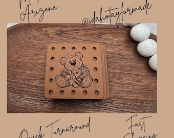 Teddy Bear Silhouette Faux Leather Patch:  Baby Theme Sew-On Patches (3 Sizes) Crochet or Knit Baby Beanie Patch.