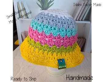 Handmade Crochet Bucket Hat, Pastel Rainbow Sun Hat, Retro Flower Power Beach Hat, Bright Yellow Summer Cotton Knit Hat, Ready to Ship