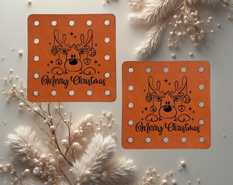 Merry Christmas Reindeer Faux Leather Patches Crochet Beanies ~ Cozies ~ Ear warmers ~ Baskets ~ Market Bags ~ Knit Hats Book Covers!