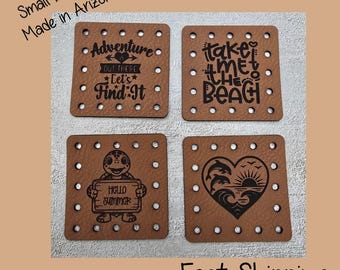 Summer Faux Leather Engraved Patches | Sarcasm & Style Sew-On Labels for Crochet, Knit, and Handmade Goods | No holes on request | Set of 4