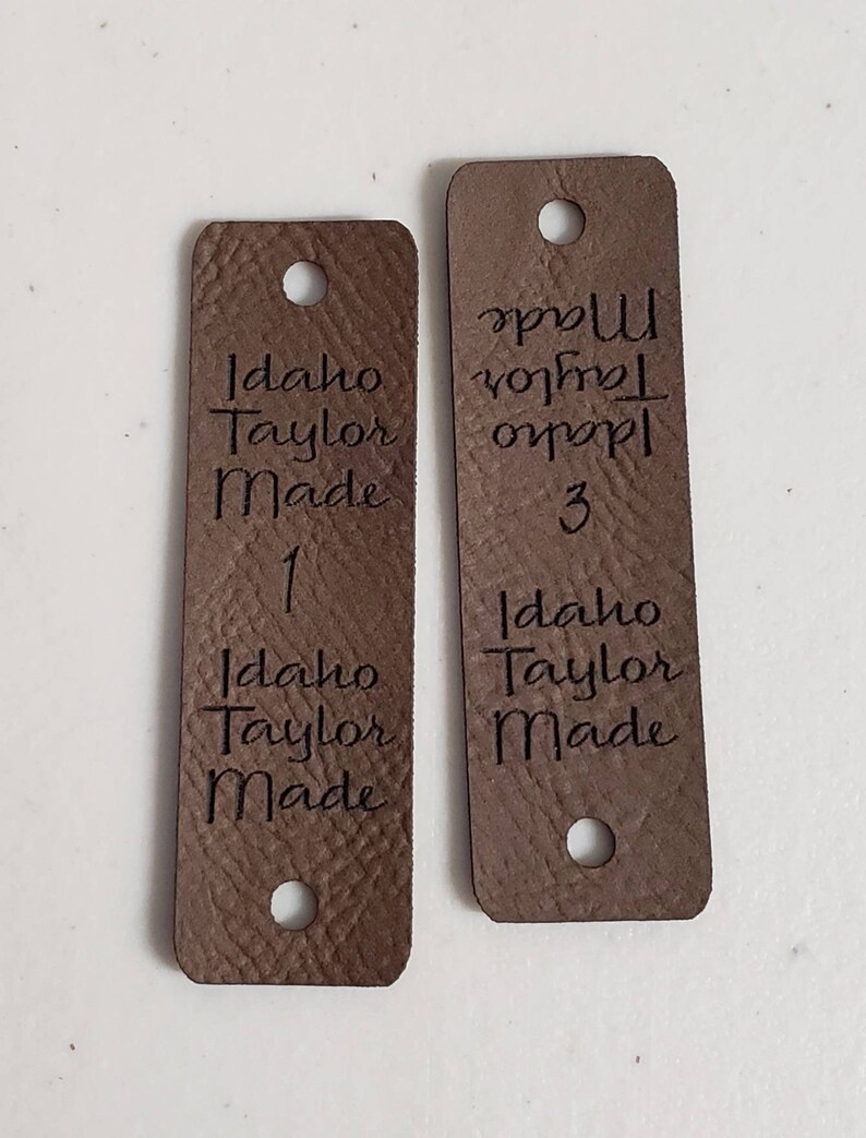 Crochet beanie label CUSTOM Tags Snap Rivets Brown Faux Leather Tag .85 x 2.75 Knit hat tags Sewing labels PERSONALIZE Round Edges