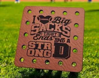 I love Big Sacks Tight Ends & A Strong D Faux Leather Patch! Retro Woman Crochet! Knitting! Cup Cozy Patch! Beanie Patch! Football Heart!