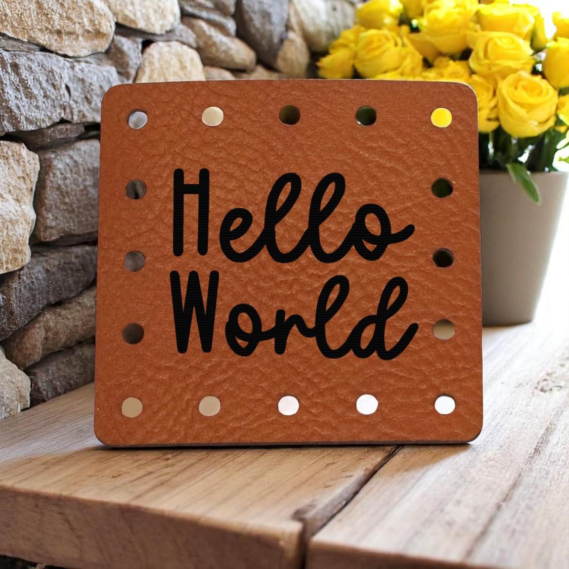 Hello World Patch - Boho Baby Tag - Newborn Beanie Label - Vegan Leather or Suede! Blanket Patches! Crochet Beanie Patch! Knit! Crafts! - Thumbnail 3