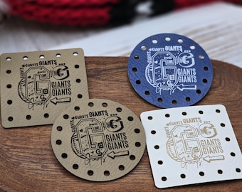 Giants Faux Leather Patches Crochet Beanies ~ Cozies ~ Ear warmers ~ Baskets ~ Market Bags ~ Knit Hats ~ Book Covers! Mascot! School Teams!